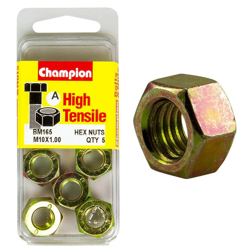Champion Pack of 5 M10 x 1.00mm High Tensile Class 8, Zinc Plated Plain Hex Nuts - BM165