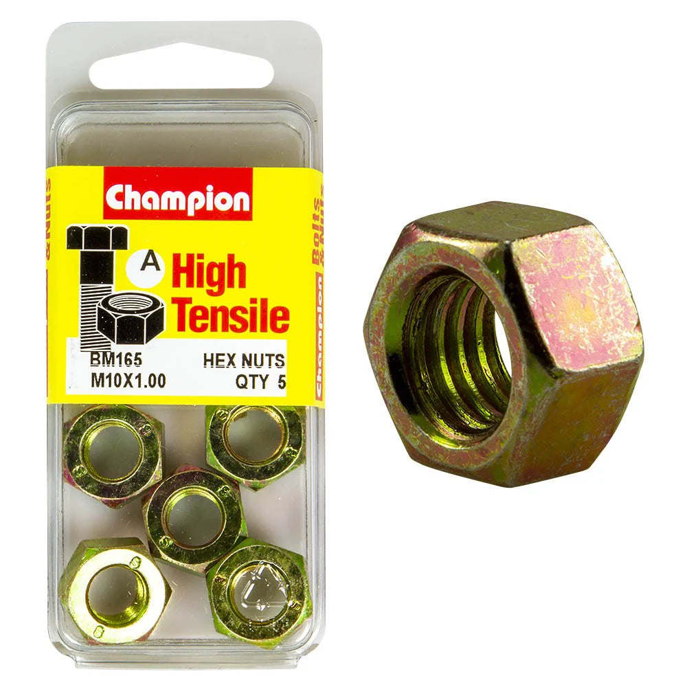 Champion Pack of 5 M10 x 1.00mm High Tensile Class 8, Zinc Plated Plain Hex Nuts - BM165