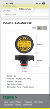Tridon CV16110 Radiator Cap 16 PSI 110kPa – Suits Hilux KUN26, Prado KDJ150, GDJ150, GUN126