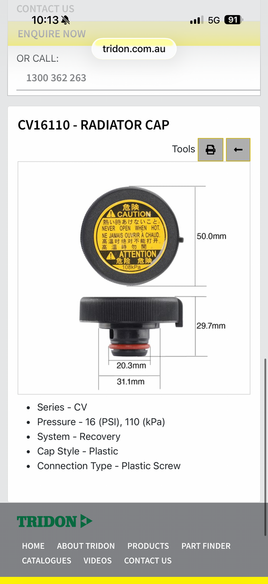 Tridon CV16110 Radiator Cap 16 PSI 110kPa – Suits Hilux KUN26, Prado K ...