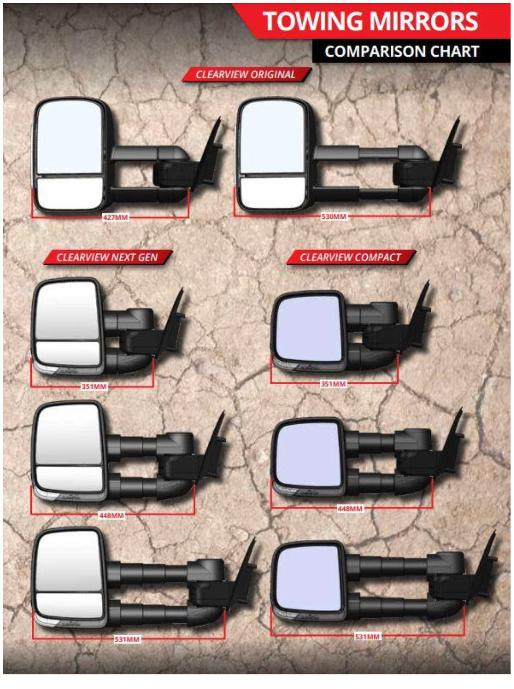 Clearview Next Gen Towing Mirrors Manual Suits Toyota Landcruiser 80 Series 1990-1998